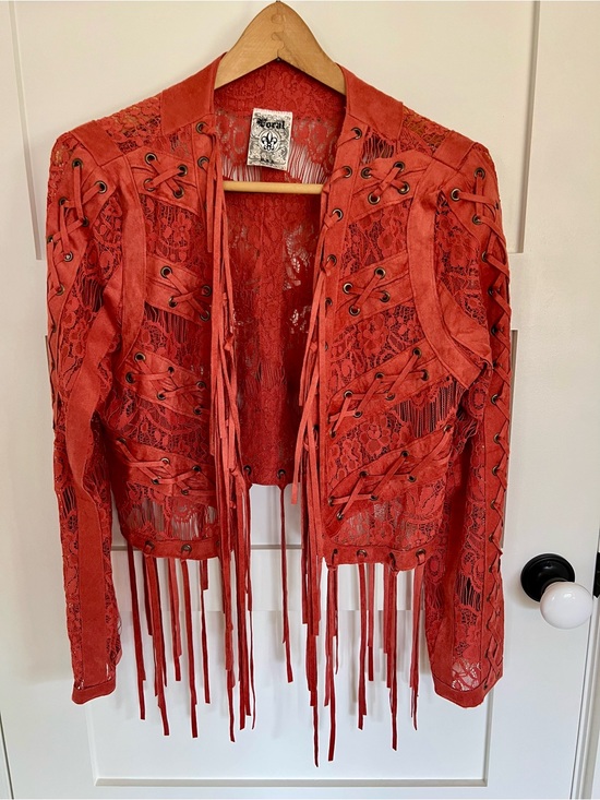 Vocal Jackets & Blazers - Vocal Coral Lace Fringe Leather-Accent Jacket